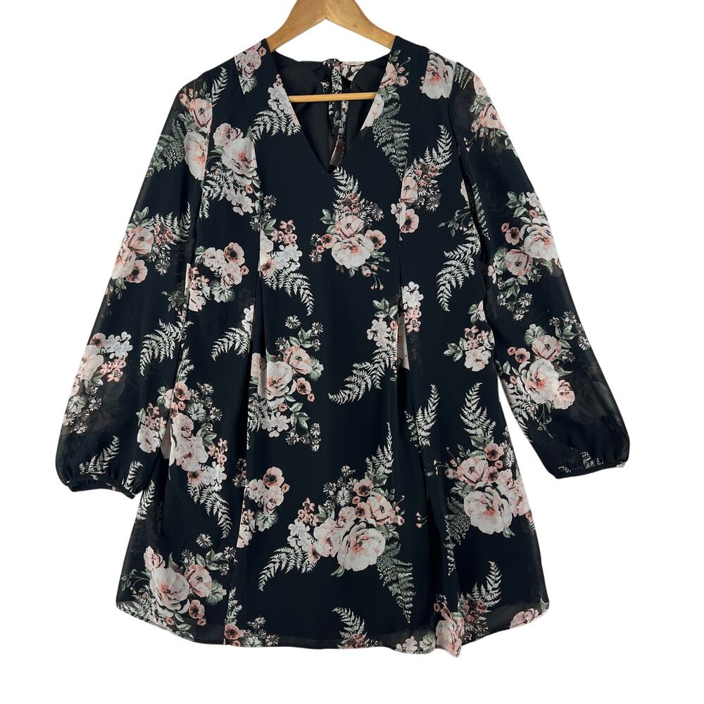BCBGeneration Womens Floral Shift Mini Dress S Black Pink Chiffon Sheer